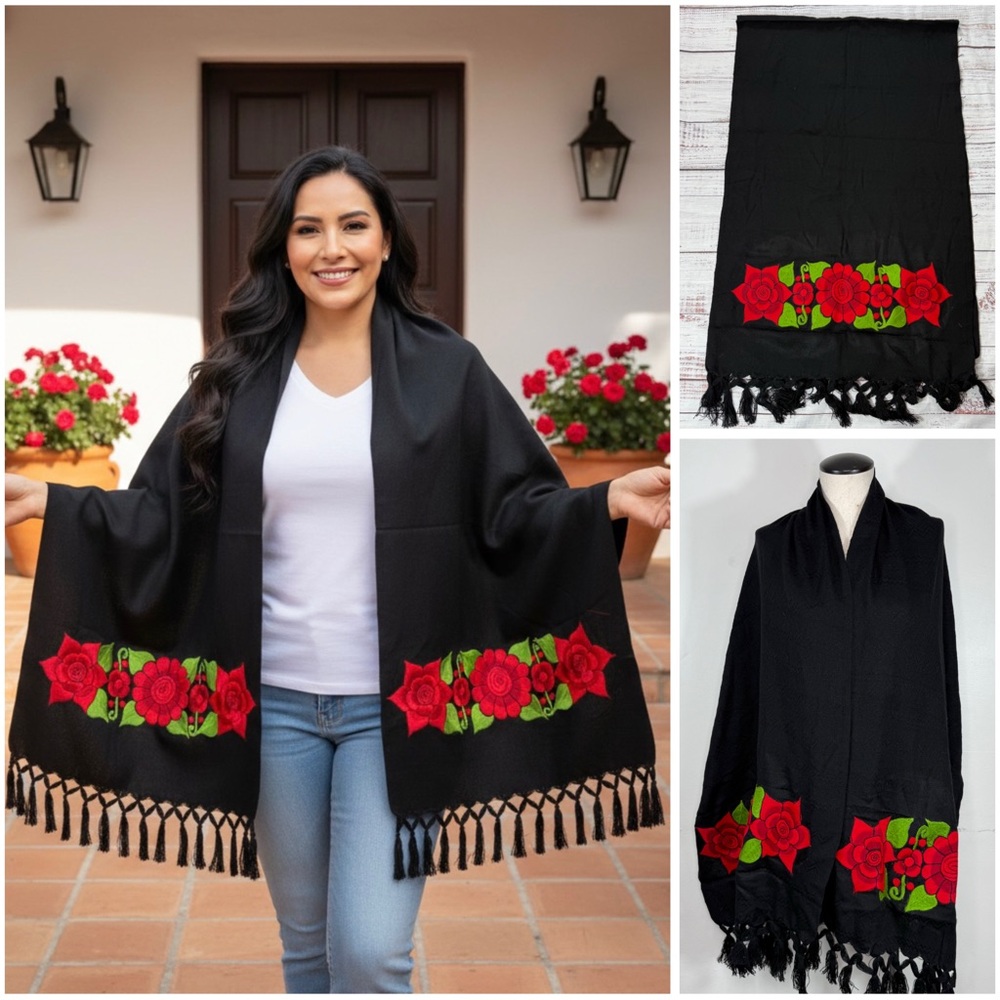 Zinacantan Rose Mexican Embroidery Black Shawl Wrap